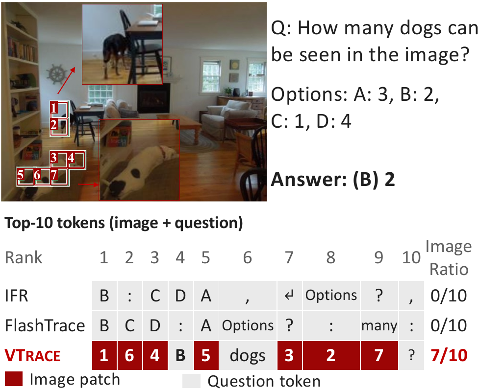 Top-10 tokens for the two-dogs question: IFR and FlashTrace select no image patch; VTrace selects seven.